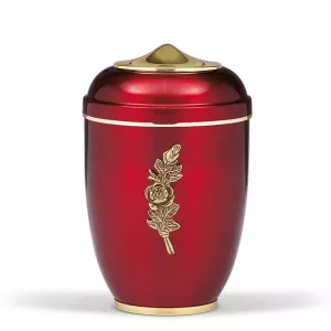 Stahlurne, Weinrot, Mess. Rosenbund, Haube u. Fuß MS pol. Goldband Stahlurne, Weinrot, Mess. Rosenbund, Haube u. Fuß MS pol. Goldband