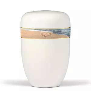 Naturstoffurne, Cremeweiß, Dekorband Motiv: Herz am Strand Naturstoffurne, Cremeweiß, Dekorband Motiv: Herz am Strand