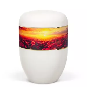 Naturstoffurne, Weiß Matt Dekorband Breit Mohnfeld im Abendlicht Naturstoffurne, Weiß Matt Dekorband Breit Mohnfeld im Abendlicht