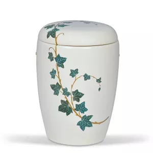 Keramikurne Weiß, Handbemaltes Motiv: Efeu Keramikurne Weiß, Handbemaltes Motiv: Efeu