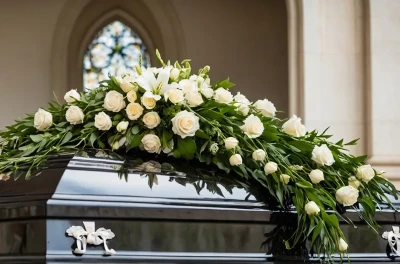 dunkler Sarg mit weißen Blumenschmuck aus Rosen in einer Kapelle